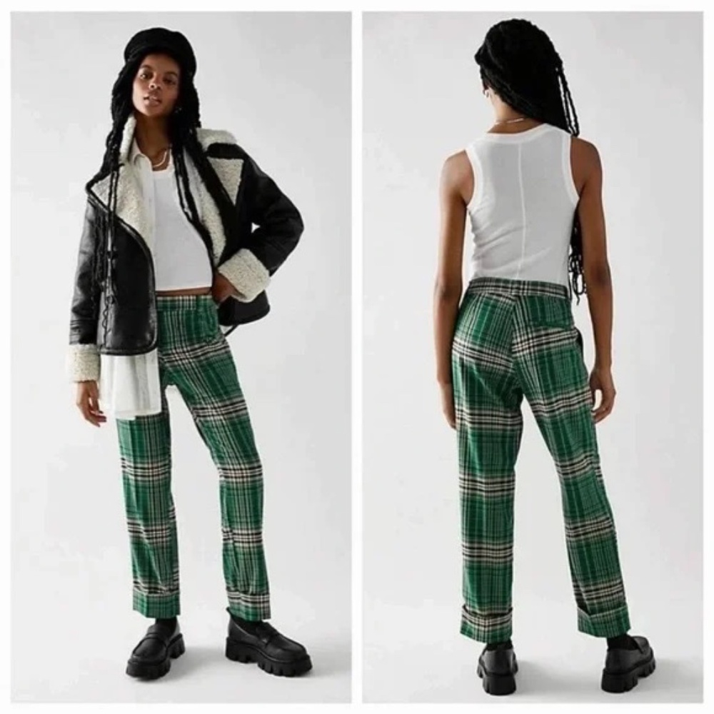 Free People "All For Me" Green Plaid Rolled Low Rise Slim Straight Leg Hem Pants